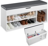 tectake® Schoenenbank met zitje - 3 open vakken en een opklapbaar vak met zitkussen - Schoenenrek met opbergruimte - Hout - Afmeting (LxBxH) 104 x 30 x 49 cm - Wit