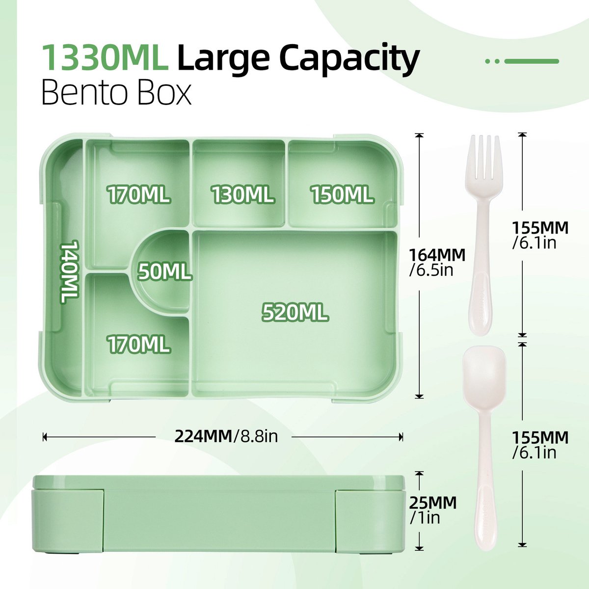 Lunchbox - Broodtrommel - 1330 ml - Broodtrommel voor Kinderen - Bento Box - Bentoboxen met Bestek - Lekvrij - Geïsoleerde Lunchbox Geschikt Voor Volwassenen en Kinderen, Picknick, Werk, School - Zwart — cadeau in Koken & Dineren - foto 2