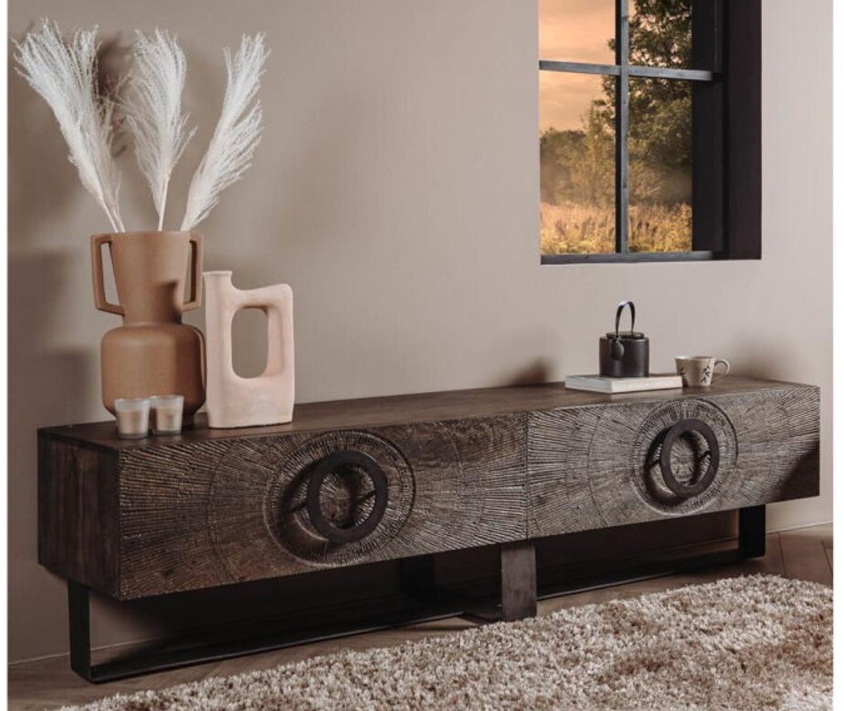 Tower Living Tv meubel Padua mangohout houtsnijwerk 200 cm Bruin