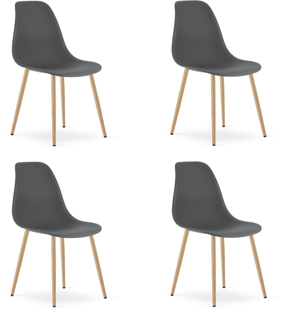 Set van 4 Stoelen WAT – Donkergrijs, Houtlook Metalen Poten, Kunststof Zitting – Modern en Ergonomisch – Geschikt voor Eetkamer, Woonkamer, Keuken, Thuiswerkplek, Kantine en Wachtruimte – Eenvoudige Montage