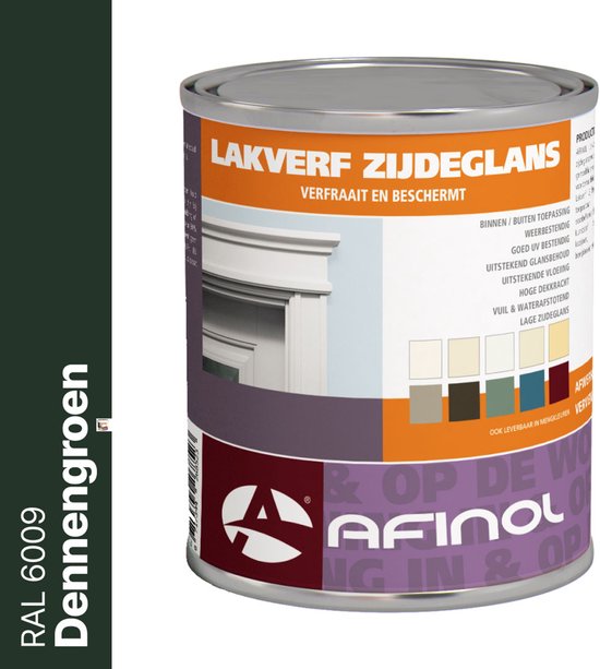 Blik Afinol zijdeglans lakverf inDennengroen (RAL 6009). De tekst op het blik vermeldt 'Lakverf zijdeglans', 'Verfraait en beschermt', en 'Binnen/buiten toepassing'.