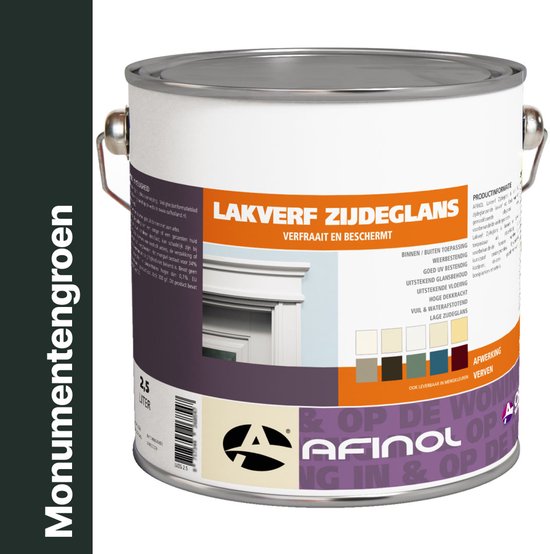 Blik lakverf zijdeglans Monumentengroen, 2.5 liter. Afmetingen: 17x15x15 cm. Gewicht: 3kg.