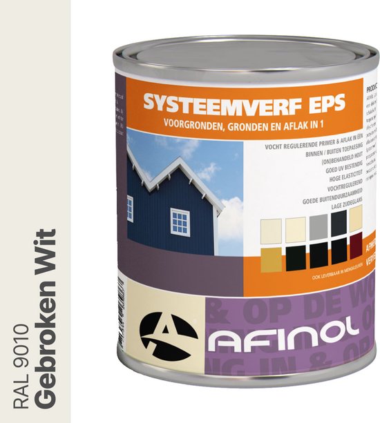 Blik Systeemverf EPS Voorgronden, Gronden en Aflak in 1, met afbeelding van een blauw huis. Kleurstalen in gebroken wit, crème, beige, donkerbruin, zwart en rood.