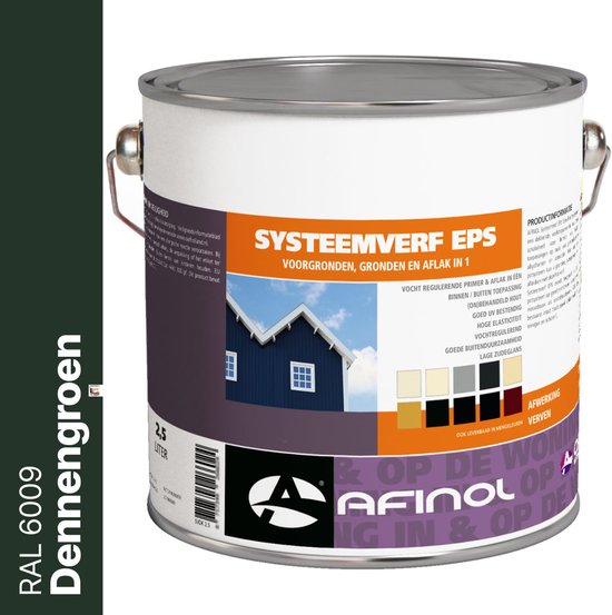 Blik Afinol Systeemverf EPS met afbeelding van een groen huis. De tekst 'RAL 6009 Dennengroen' staat verticaal.