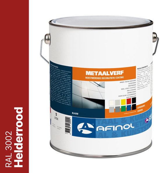 Blik metaalverf Helderrood RAL 3002, 5 liter.