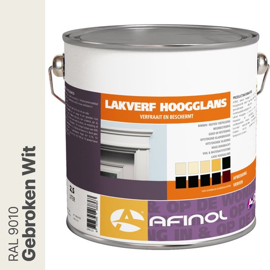 Blik Afinol Hoogglans Lakverf Gebroken Wit RAL 9010, met kleurstalen en productinformatie.