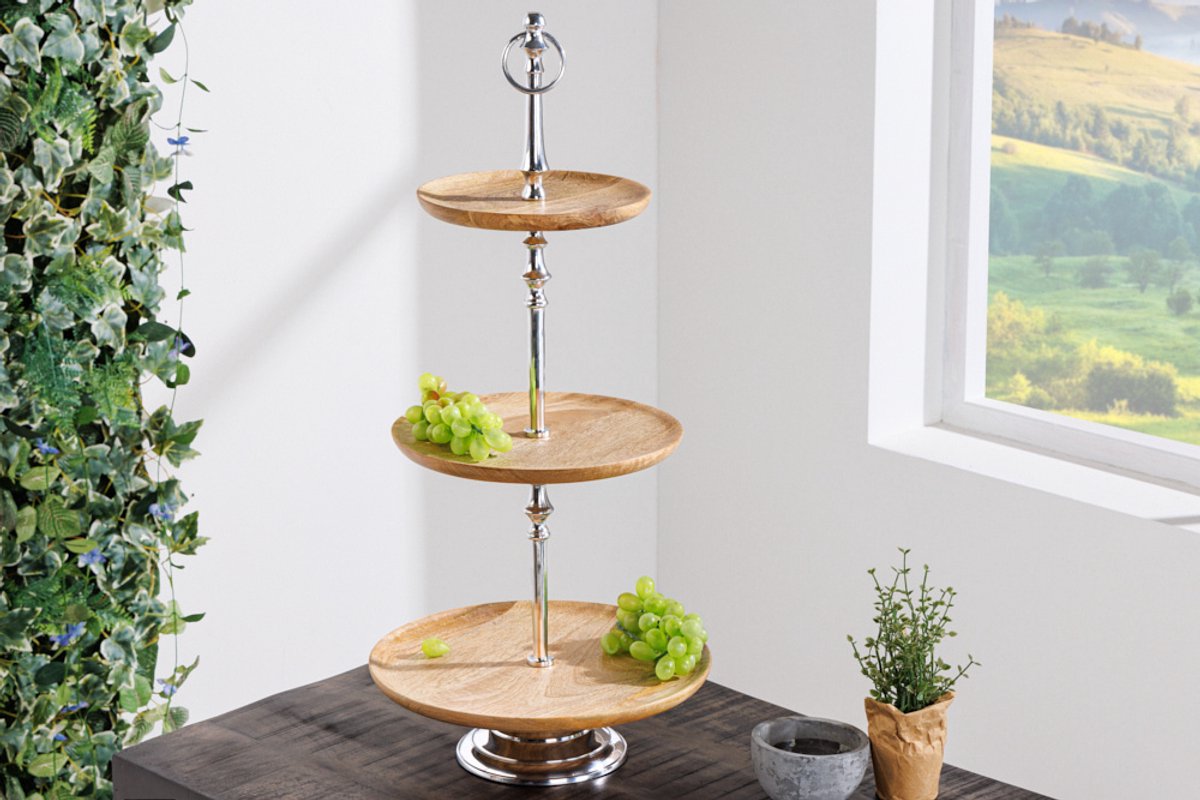 Decoratieve taartschaal PURE NATURE 68cm zilver mangohout handgemaakt drie niveaus - 42734