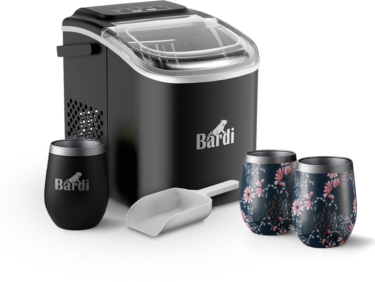 Bardi Deluxe IJsblokjesmachine Set 1,2 Liter Zwart - 12KG IJsblokjes in 24 uur - met IJsschep - Inclusief 3 Luxe Thermosbekers en Ijsschep - Japanese Flower