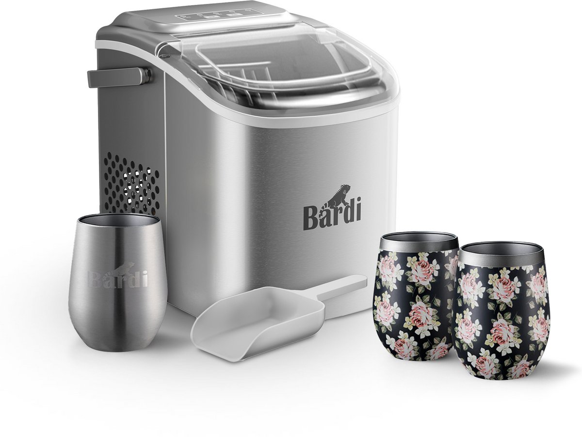 Bardi Deluxe IJsblokjesmachine Set 1,2 Liter RVS - 12KG IJsblokjes in 24 uur - met IJsschep - Inclusief 3 Luxe Thermosbekers en Ijsschep - Bloemetjes