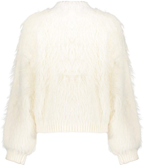 Achterkant van een off-white, harig vest met lange mouwen op een witte achtergrond.