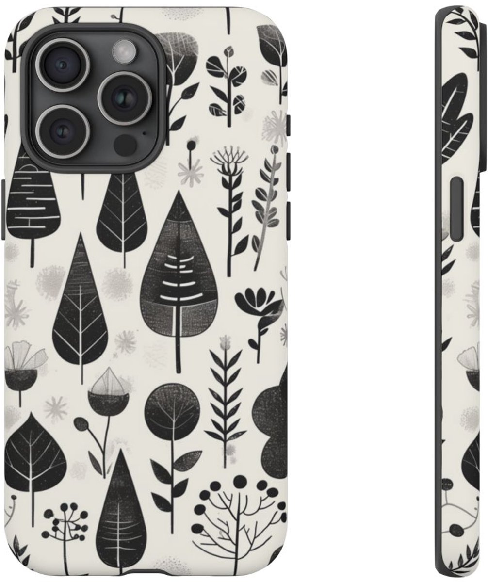 Monochroom Botanisch Patroon – Telefoonhoesje Geschikt voor iPhone 15 Pro Max