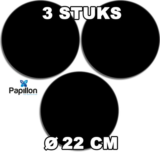 Drie ronde, zwarte onderzetters van 22 cm.