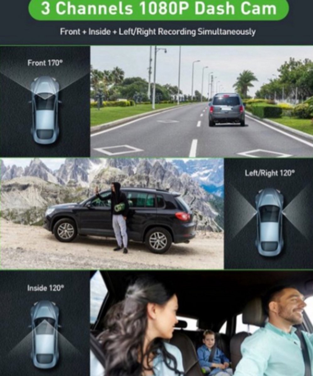 Geavanceerde 3-Lens Dashcam voor Auto | 24U Parkeermonitor, Achteruitrijfunctie & 64GB SD Kaart | Ultieme Beveiliging met Videorecorder - Zwart – foto 6