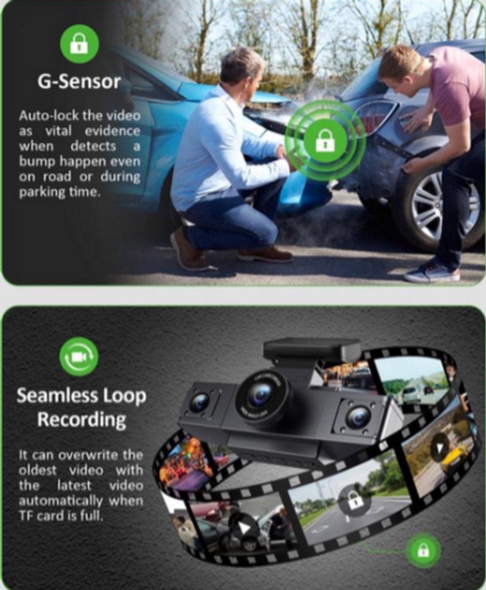 Geavanceerde 3-Lens Dashcam voor Auto | 24U Parkeermonitor, Achteruitrijfunctie & 64GB SD Kaart | Ultieme Beveiliging met Videorecorder - Zwart – foto 4