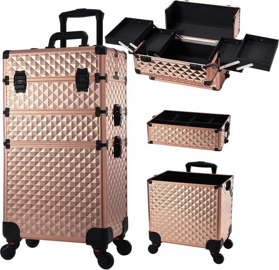 3 in 1 Make-upkoffer met wieltjes Make-uptas Grote Haarkoffer Multifunctionele Nagelkoffer, Zwart, L