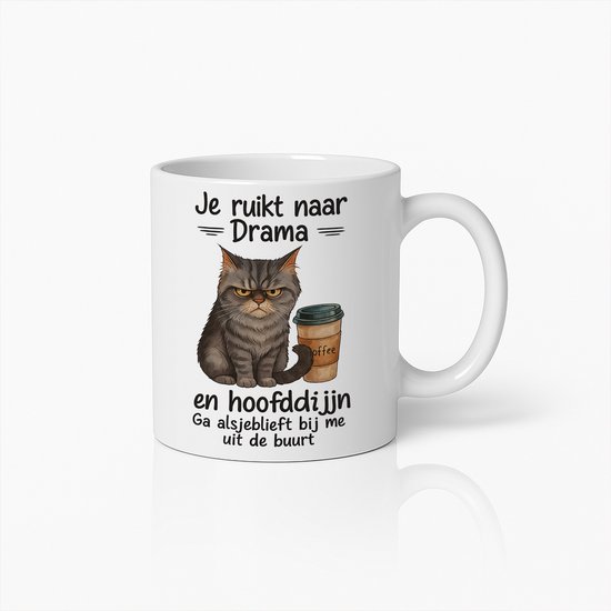 Grappige Chagrijnige Kat Mok – “Je Ruikt naar Drama en Hoofdpijn” Tekst – Sarcastische Koffiebeker voor Kattenliefhebbers & Kantoorhumor Cadeaus