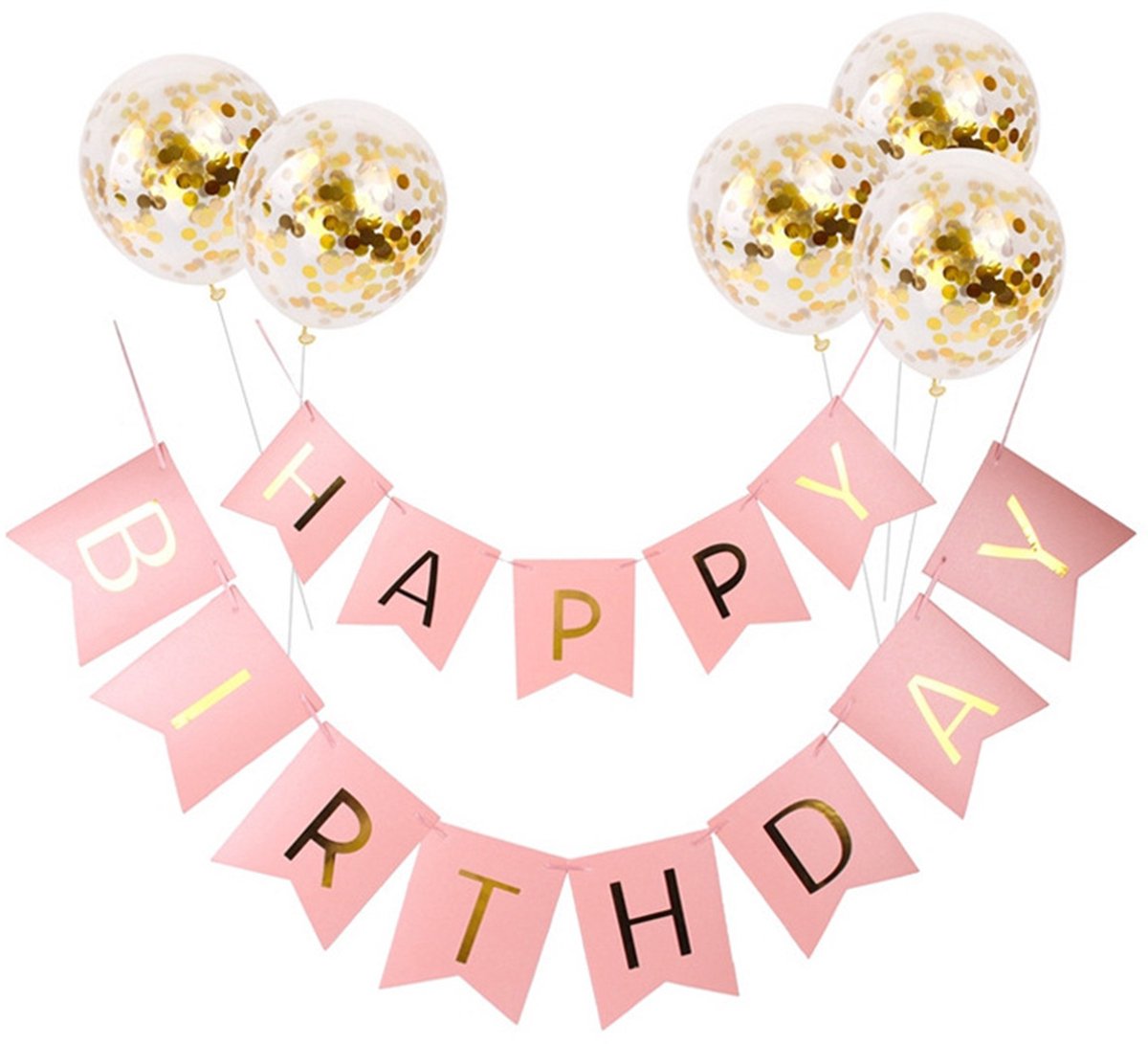 Happy Birthday papieren letterslinger – Feestelijke vlaggenbanner met 5 confettiballonnen – Geschikt voor verjaardagsfeestdecoratie en feestbenodigdheden