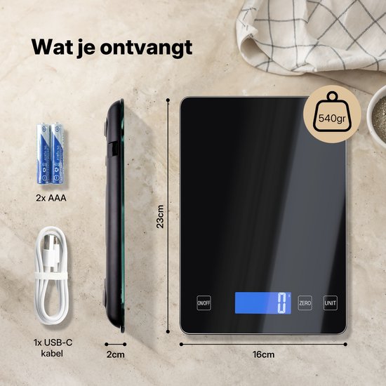 Balance de cuisine numérique noire, 16x23cm, avec câble USB-C et 2 piles AAA.