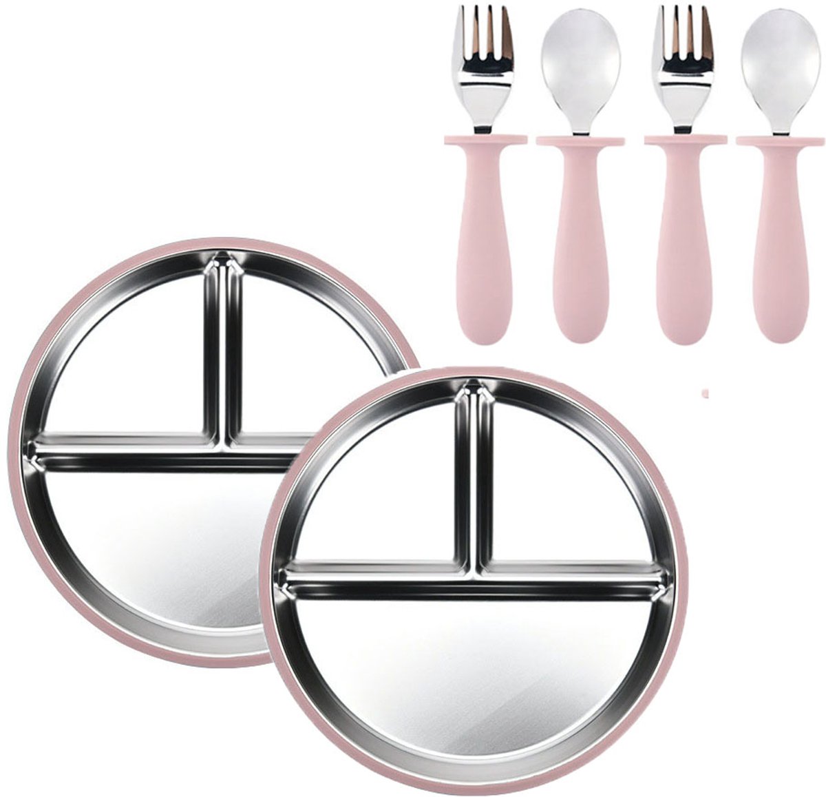Image of 2 stuks roestvrijstalen zuignap voor peuters - 9 inch siliconen zuignap voor baby's - inclusief 2 stuks lepel-vork bestek voor peuters - 3-delige uitneembare voedingsset voor kinderen - essentiële babyvoeding - roze