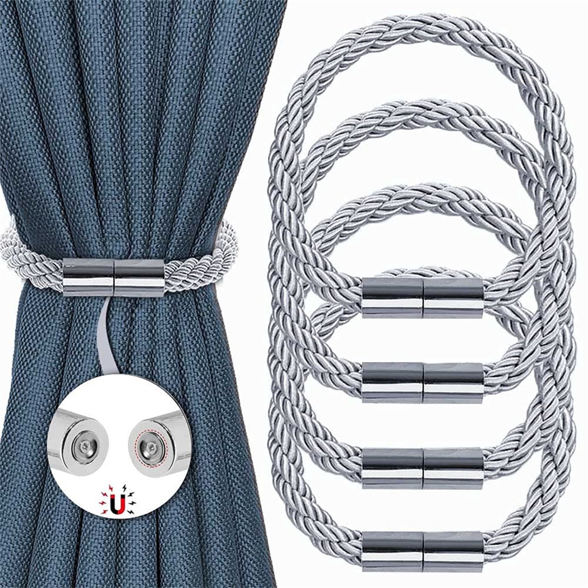 Magnetische Vorhanghalter – 4 Stück, Verstellbar, Polyester, Kein Bohren, Für Verdunkelungs-, Dusch- und Dünne Vorhänge, Modernes Design, Praktisch & Elegant