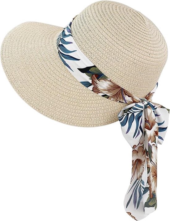 FURTALK Zonnehoed voor dames, uv-bescherming, strandhoed, opvouwbaar, zomerhoed, UPF 50 , strohoed met brede rand, gemengd beige, L-XL