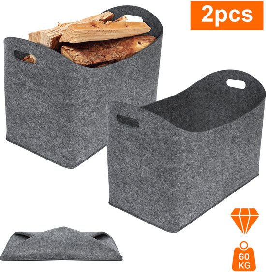 Lot de 2 sacs en feutre, panier en feutre pour bois de chauffage, sac de courses en feutre, sacs en feutre multifonctionnels, panier à bois de chauffage pliable (gris clair)