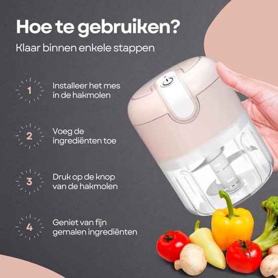 COCHO® Elektrische Hakmolen - USB Oplaadbaar - Mini Chopper 250 ml - Draadloos - Voor Groenten, Babyvoeding & Meal Prep - Roze + Een snellader van COCHO® — afbeelding 5
