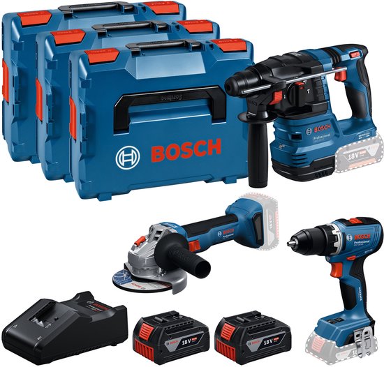 Set Bosch gereedschap: klopboormachine, haakse slijper, schroefboormachine, 2 accu's, lader en 3 blauwe L-Boxx koffers.