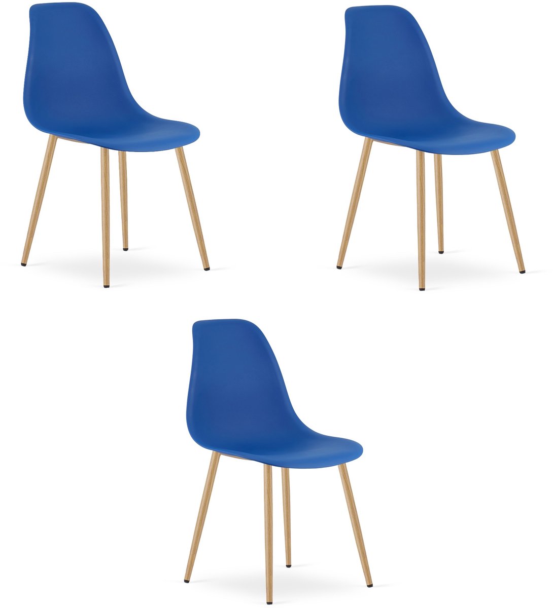 Set van 3 Stoelen WAT – Blauw, Houtlook Metalen Poten, Kunststof Zitting – Modern en Ergonomisch – Geschikt voor Eetkamer, Woonkamer, Keuken, Thuiswerkplek, Kantine en Wachtruimte – Eenvoudige Montage