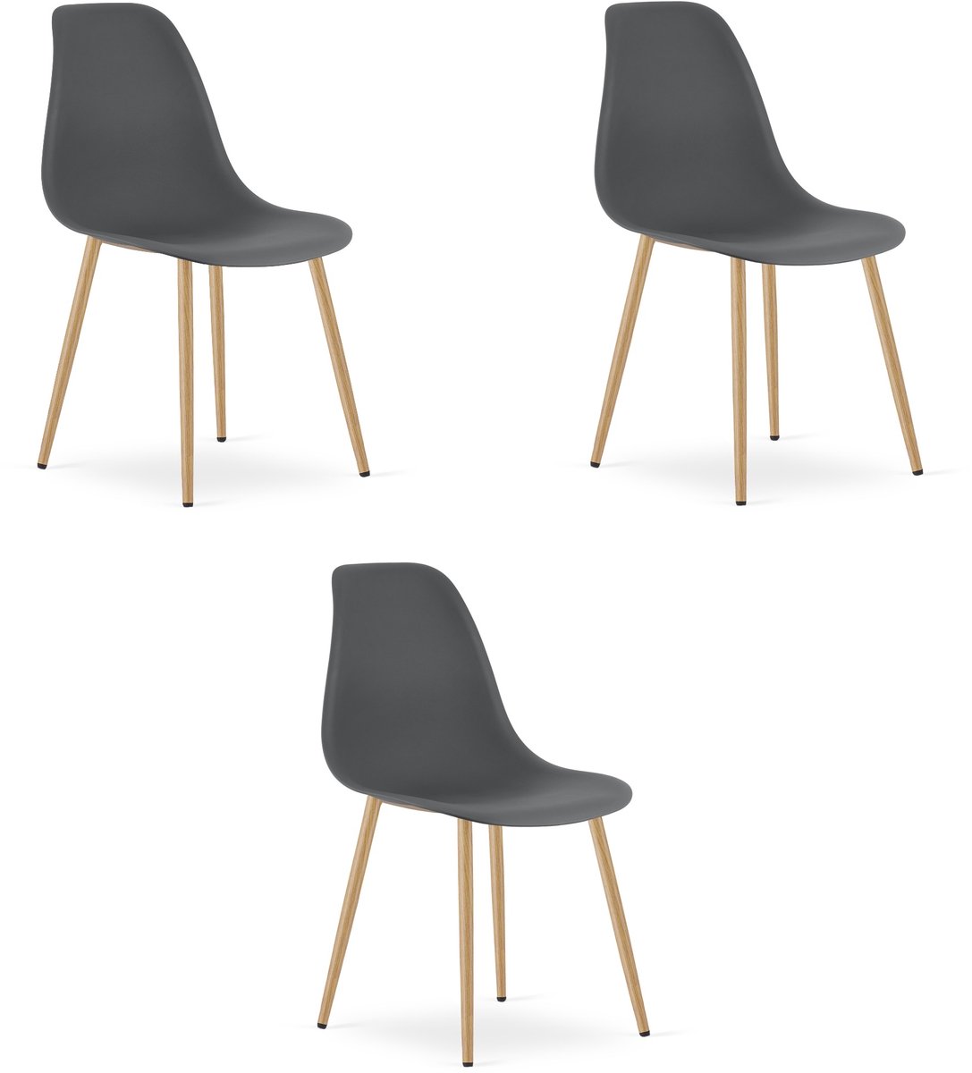 Set van 3 Stoelen WAT – Donkergrijs, Houtlook Metalen Poten, Kunststof Zitting – Modern en Ergonomisch – Geschikt voor Eetkamer, Woonkamer, Keuken, Thuiswerkplek, Kantine en Wachtruimte – Eenvoudige Montage