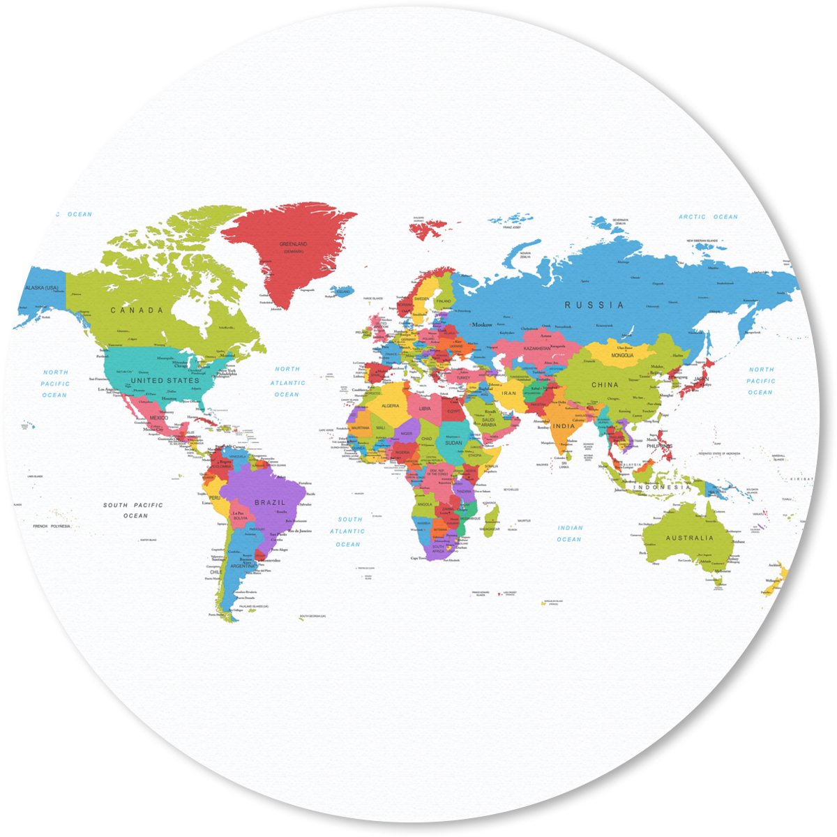 Muismat rond 20x20 cm - Mousepad Wereldkaart - Simpel - Topografie - Ronde muismatten