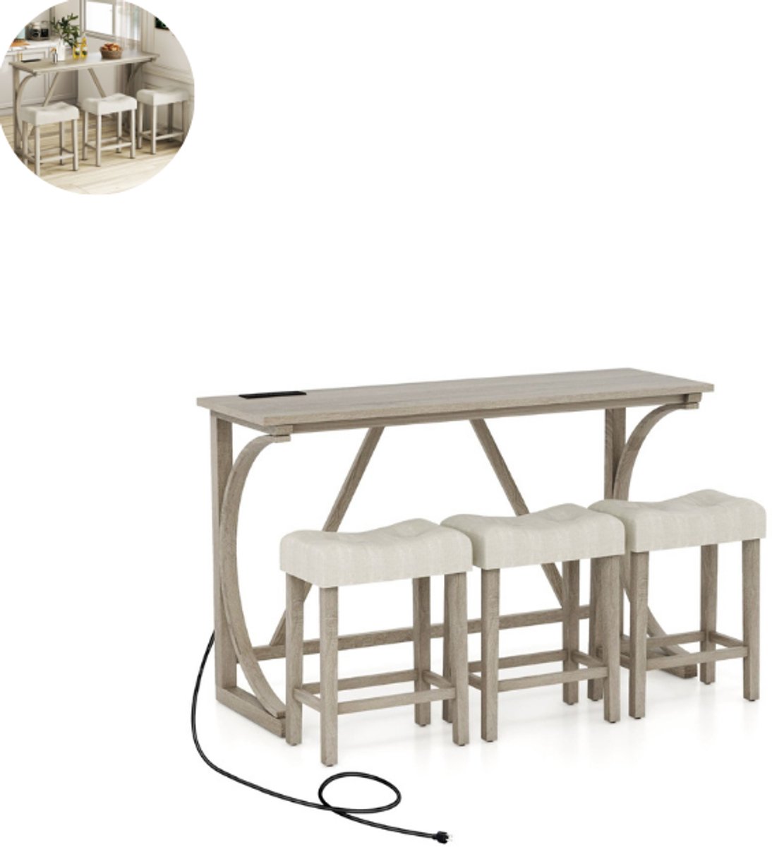 GranMaison Bartafel keuken - Bartafel Set - Barkruk - Barstoel - Keukenstoel - Voetsteun - Grijs + Beige