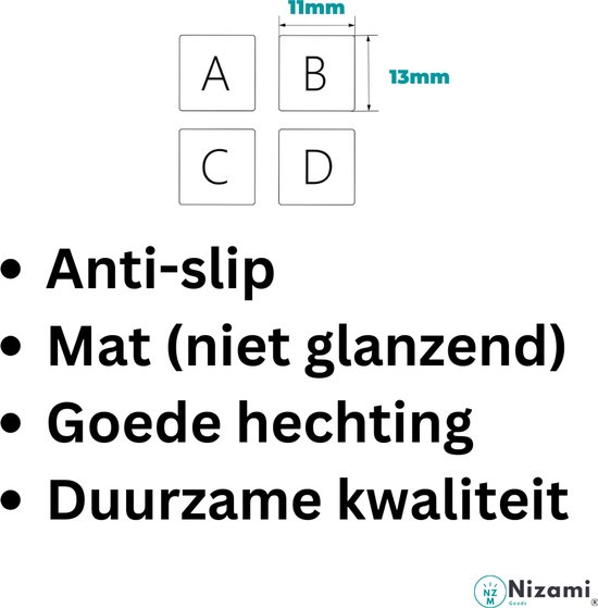 Dimensions des autocollants de clavier : 11 mm x 13 mm. Caractéristiques : antidérapant, mat (non brillant), bonne adhérence, qualité durable.