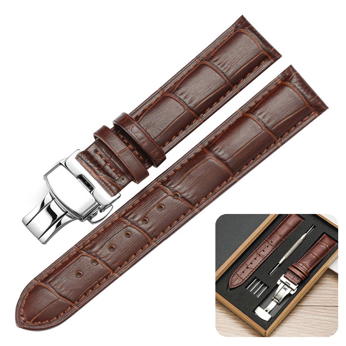 Qelus Universeel Horlogebandje Vintage - Echt Leer en Vlinder Sluiting (Makkelijk te Verwisselen) - Geschikt voor Smartwatches Horloges - Verpakt in Cadeaudoos - Donkerbruin - 18mm