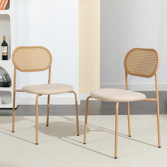 Chaises de salle à manger, lot de 2, beige, chaises de cuisine avec dossier en rotin, chaises rembourrées avec dossier en maille incurvée, chaise en rotin avec pieds en métal, chaises rembourrées, chaises d'appoint pour la salle à manger