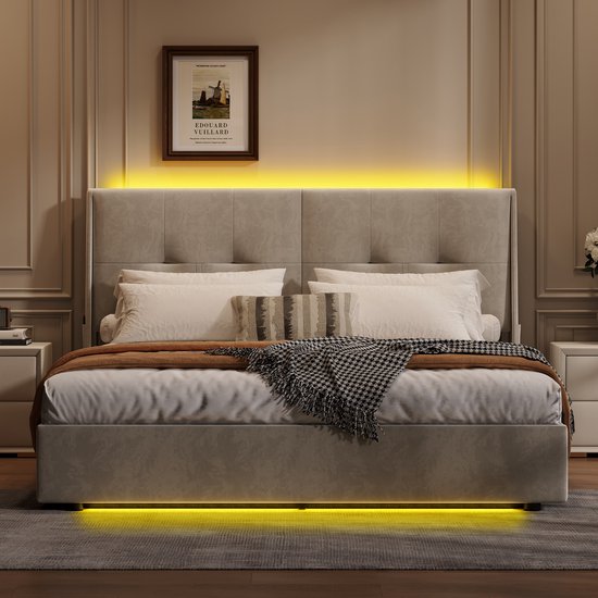 Bed met zachte bekleding , 140 x 200 cm, led-tweepersoonsbed met 4 laden en lattenbodem, hoofdeinde met opbergruimte en USB-oplaadfunctie, functioneel bed, opbergbed, jeugdbed, rugleuning, bedframe Bed met zachte bekleding , 140 x 200 cm, led-tweepersoonsbed met 4 laden en lattenbodem, hoofdeinde met opbergruimte en USB-oplaadfunctie, functioneel bed, opbergbed, jeugdbed, rugleuning, bedframe