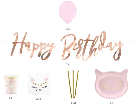 Een compleet roze kattenfeestpakket met 12 ballonnen, 1 gouden "Happy Birthday" slinger, 6 bekers, 20 servetten, 10 rietjes en 6 kattenbordjes.