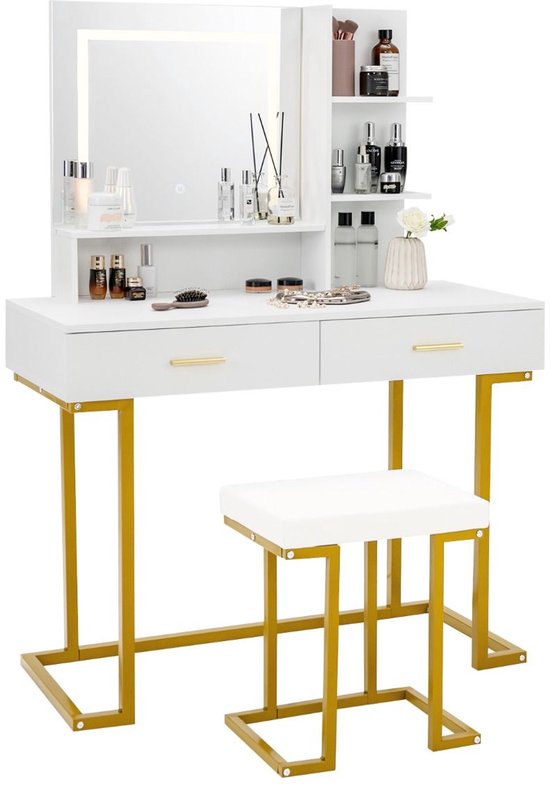 Coiffeuse avec miroir et éclairage - Table de maquillage - Maquillage - Coiffeuse - Avec tiroirs - Coiffeuses - Avec placard - Wit