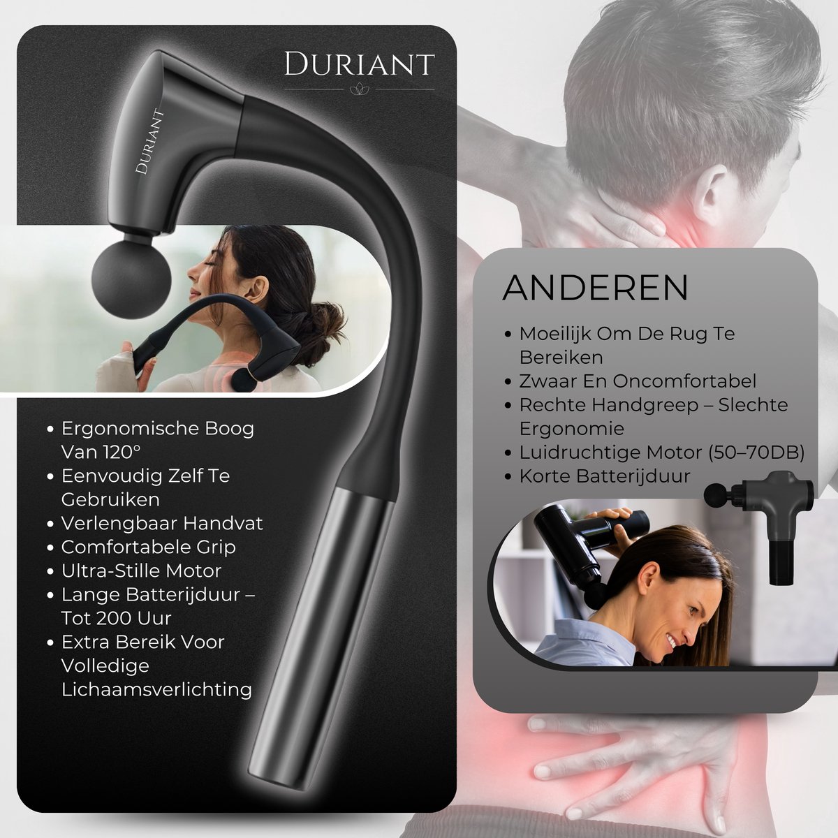 Duriant®- Massage gun professioneel-Unieke 2-in-1 Functionaliteit-Massage gun- Professioneel- Massage pistool- 4 opzetstukken- Ergonomisch Gebogen Design – Spierherstel & Ontspanning-Volledige lichaamsmassage –Overal inzetbaar- Zwart — cadeau in Sport & Outdoor - foto 2