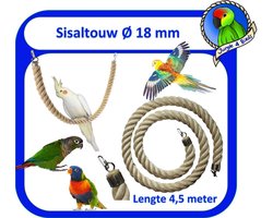 Sisaltouw – 18 mm dik – 4,5 meter – zitstok - Natuurlijk speelgoed voor valkparkiet en andere vogels van dit formaat
