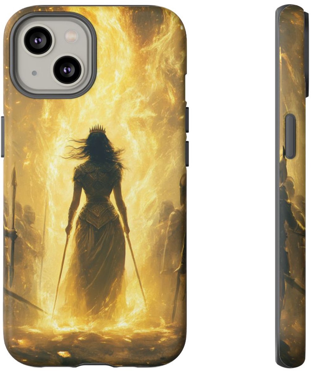 Gouden Krijgerskoningin met Kroon en Zwaarden – Telefoonhoesje Geschikt voor iPhone 14