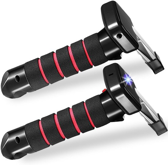 Deux poignées de voiture noires et rouges avec une lampe de poche LED intégrée.