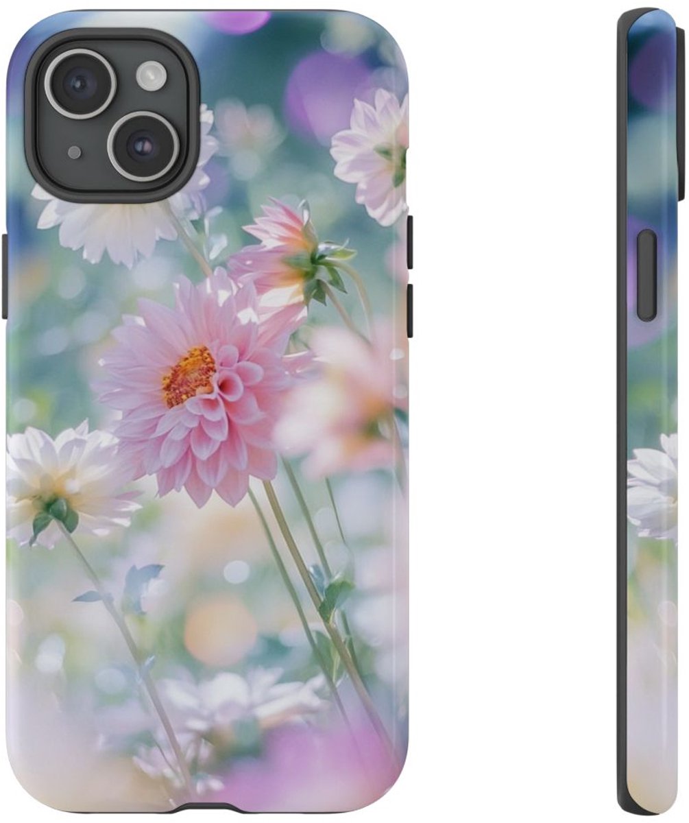 Zachte Pastel Dahlia's Bloemmotief – Telefoonhoesje Geschikt voor iPhone 15 Plus
