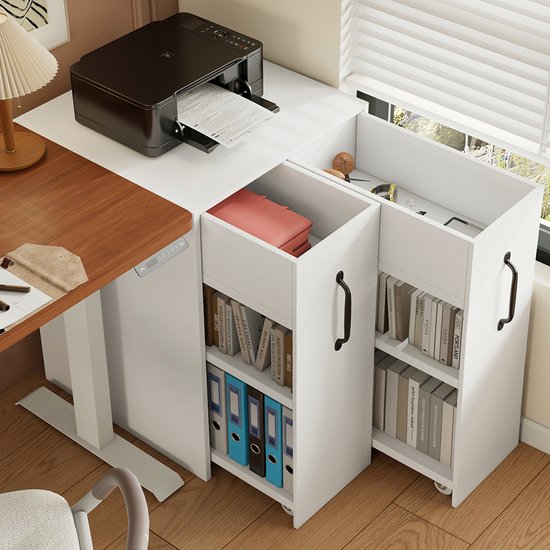 Pugsdrly Classeur sur roulettes 52 x 50 x 75 cm - avec compartiments et tiroirs, classeur en bois, réversible gauche-droite, armoire entièrement extensible, avec protection antichute, meuble d'appoint pour canapé, table de chevet