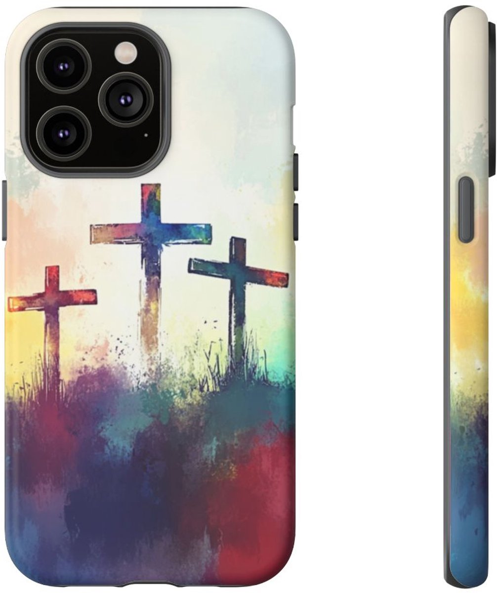 Drie Kruisen in Abstracte Waterverf – Telefoonhoesje Geschikt voor iPhone 14 Pro Max
