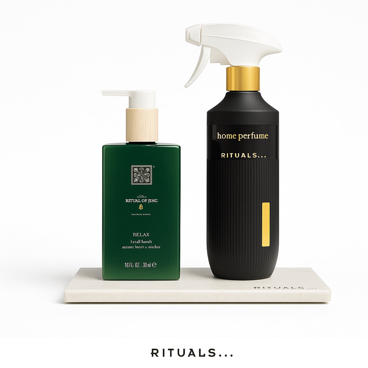 Rituals - Jing Bath Set - Hand Wash 300 ml+Home Parfume New Collection 400 ml + Rituals Marmer Dienblad
