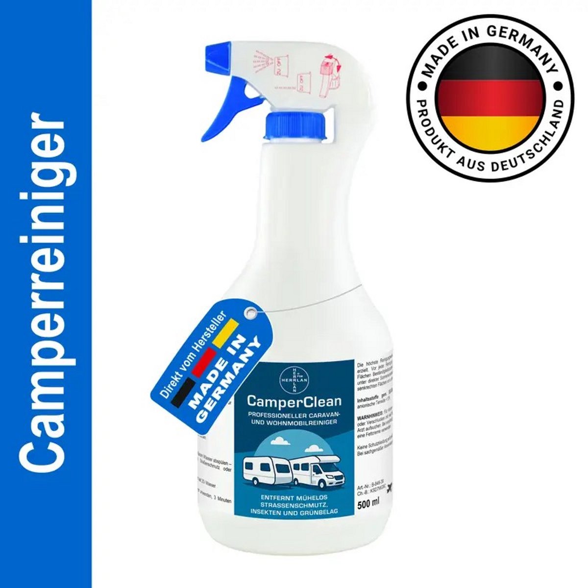 K&R Ventures® CamperClean Schoonmaakmiddel – 0,5L Concentraat – Camper, Caravan & Bootreiniger – Verwijdert Vet, Insecten, Aanslag & Vuil – Professionele Multifunctionele Reiniging