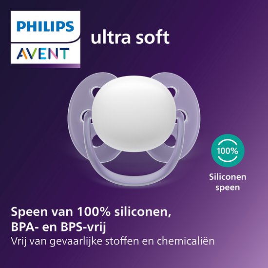 Witte Philips Avent fopspeen, zacht schild, 100% siliconen, BPA- en BPS-vrij. 100% siliconen speen.