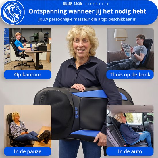 Collage met diverse toepassingen van het massagekussen: op kantoor, thuis, in de pauze en in de auto.