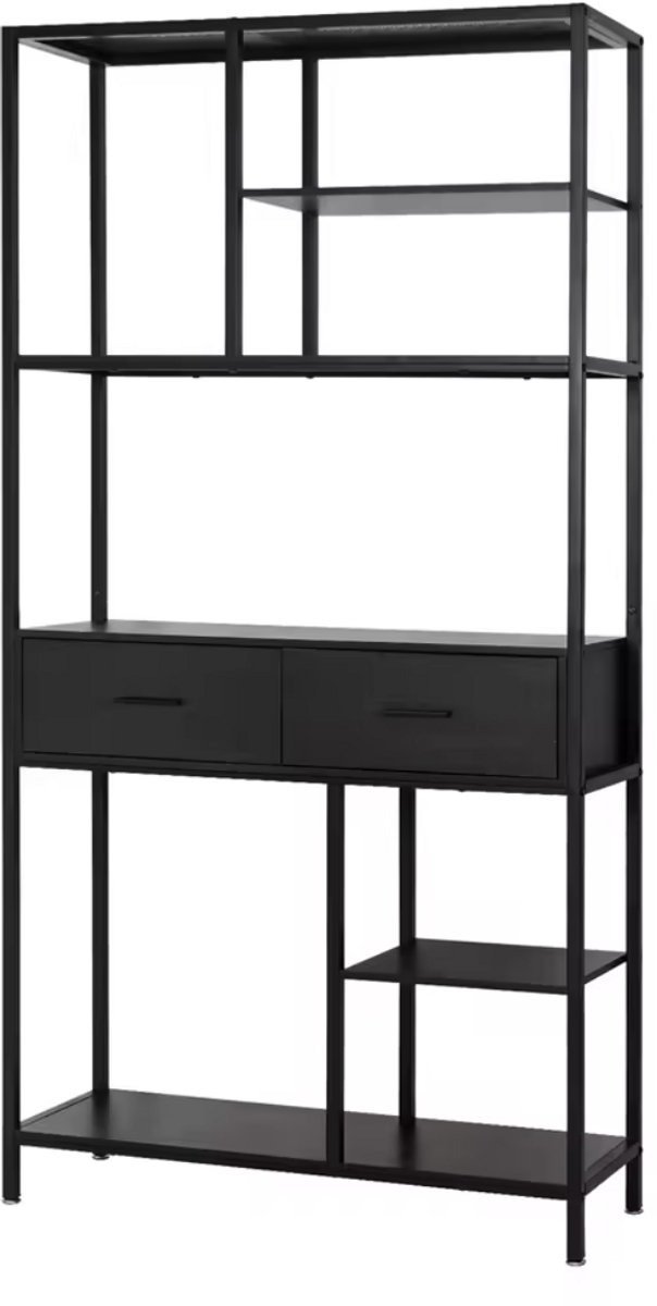 WNHB® Kast - wandkast met laden - 6 niveaus - 2 lades - hout en metaal - zwart - 90x30x180 cm